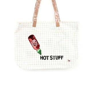 Bow & Drape Tote Bag HOT STUFF Tabasco Red Black Sequins White Canvas $48 NWT